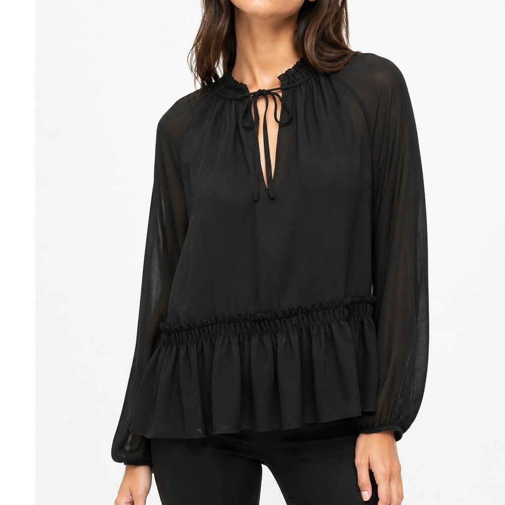 Women's Black Sheer Ruffle Peplum Blouse Size L Long Sleeve Tie Neck Elegant Top